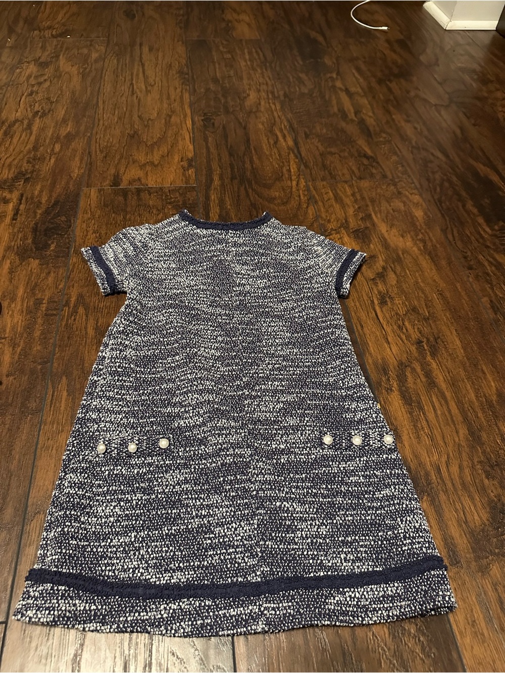 next Navy and White Knit Short-Sleeve Girls Dress with Pearl Buttons